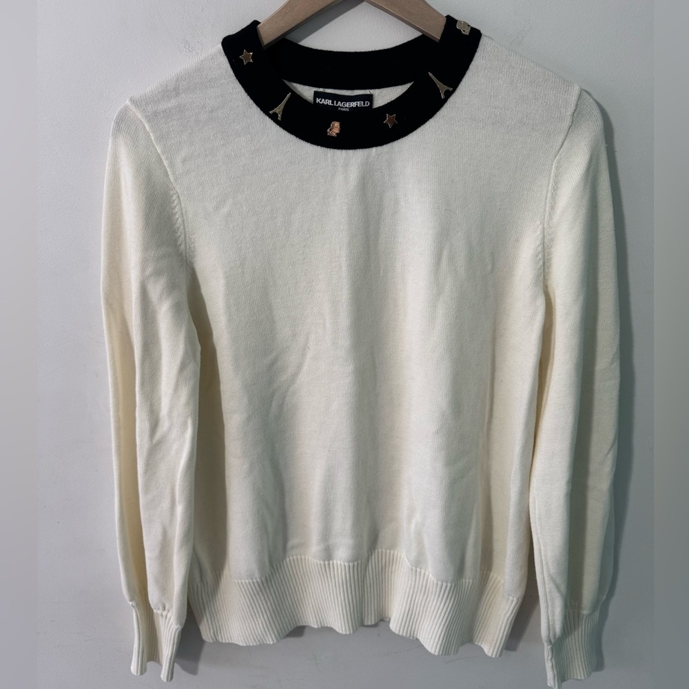 Karl Lagerfeld Ivory sweater top Black Trim Gold Details long sleeve medium